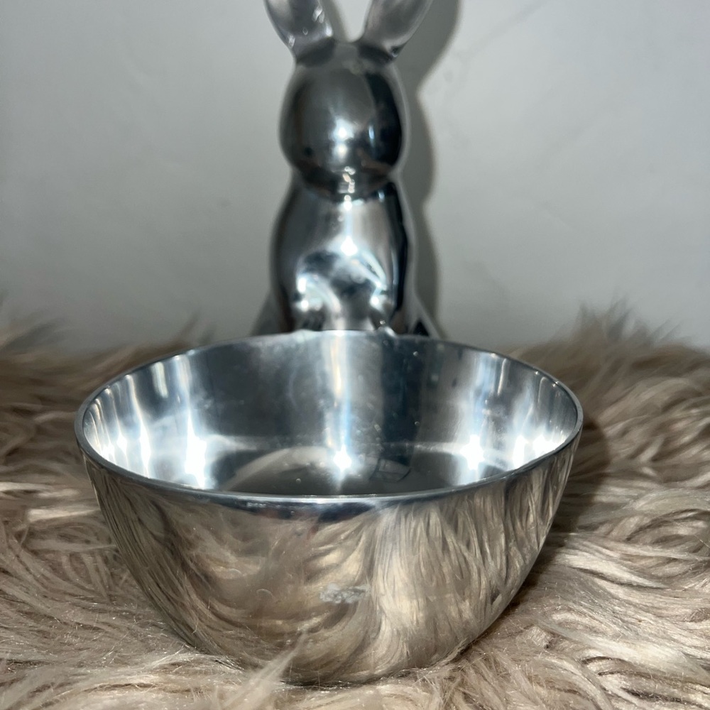 Easter Bunny w/ Attached Bowl Shiny Silver Finish Aluminum 7" Crate & Barrel